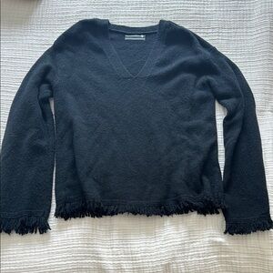 Anthropologie Black V-Neck Sweater with Frayed Hem